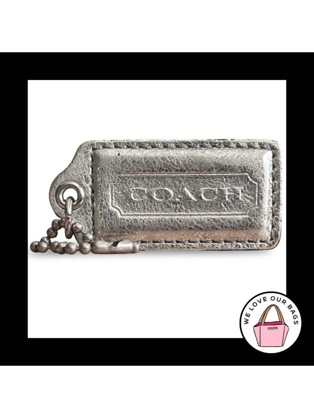 COACH POPPY HANG TAG 2.5" Silver Metallic Crackle Leather Bag Charm Keychain Fob